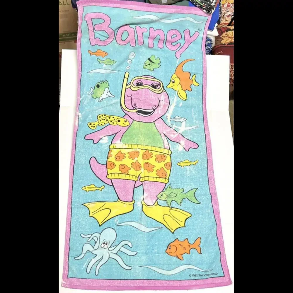 Vintage Barney Bath Beach Towel 57”x28.5” 1992 Snorkel Water FADED DISTRESSED